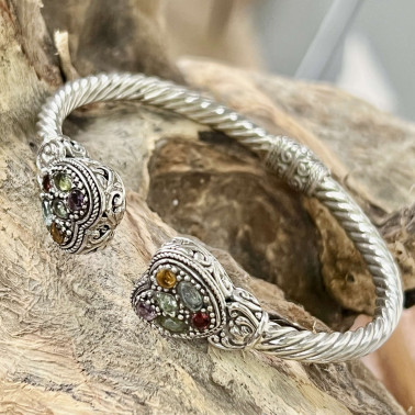 BR 12300 MX-(TWISTED CABLE 925 BALI STERLING SILVER HINGED CUFF BRACELET WITH MIX STONES)